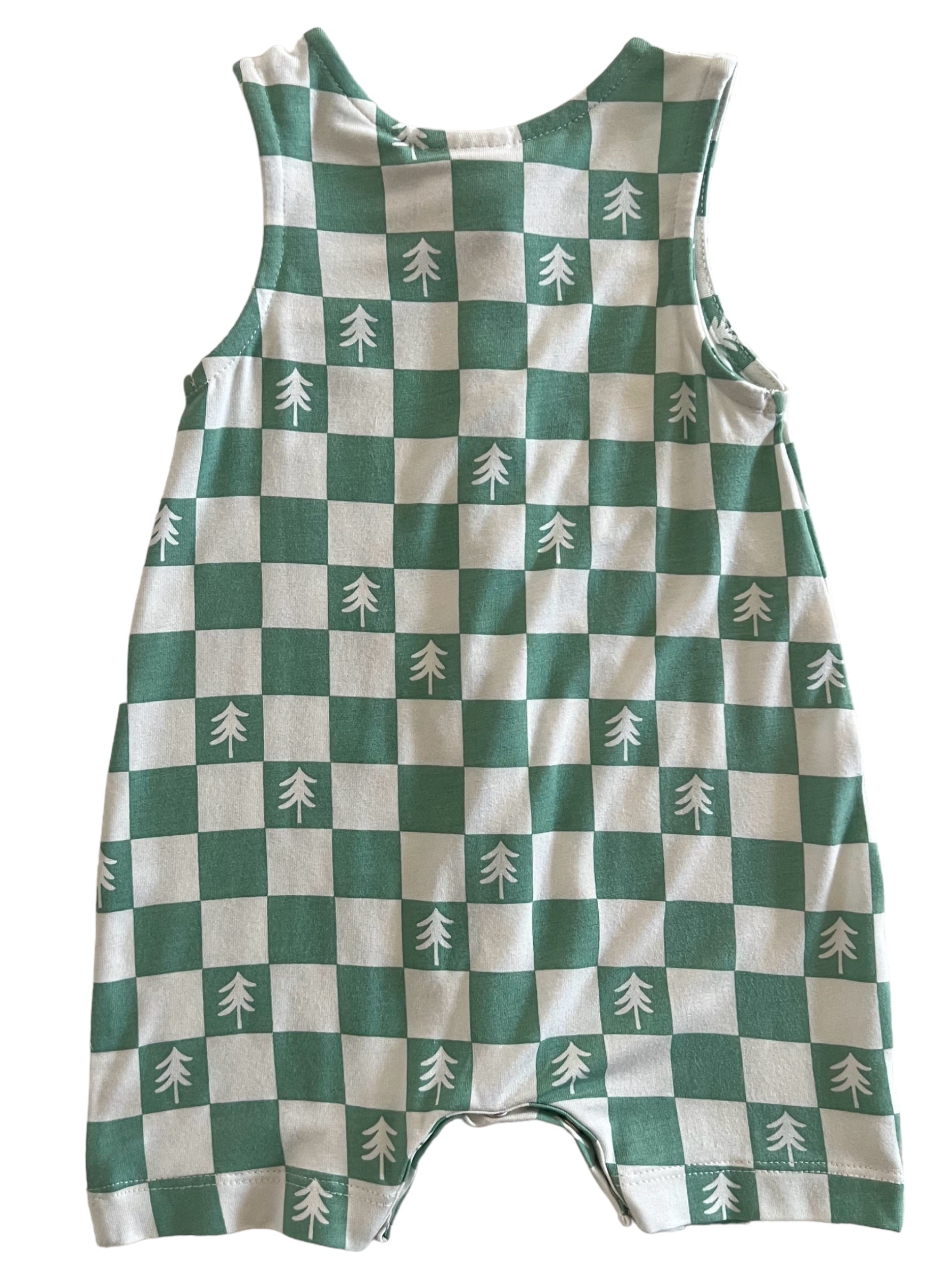 Green and white checkered baby romper with tree patterns, featuring sleeveless design and snap closure.