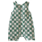 Green and white checkered baby romper with tree patterns, featuring sleeveless design and snap closure.