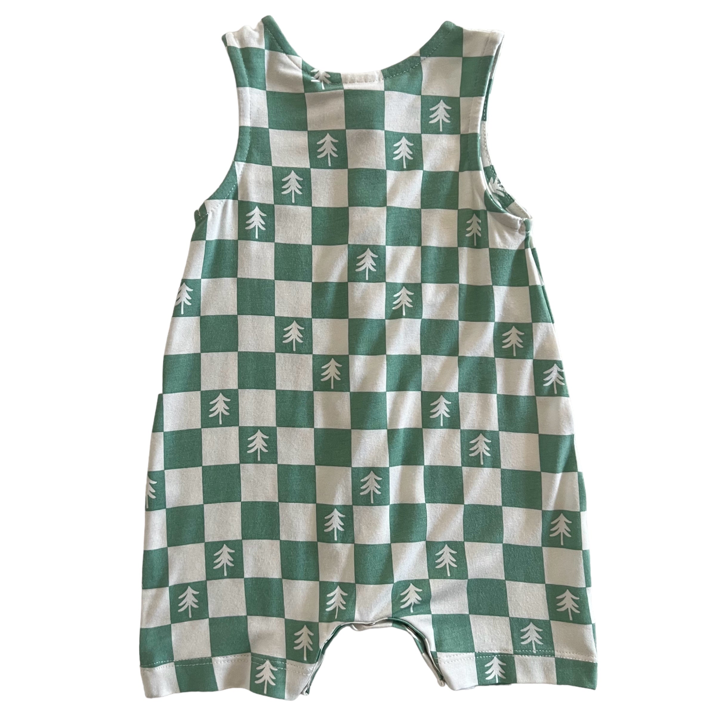 Green and white checkered baby romper with tree patterns, featuring sleeveless design and snap closure.
