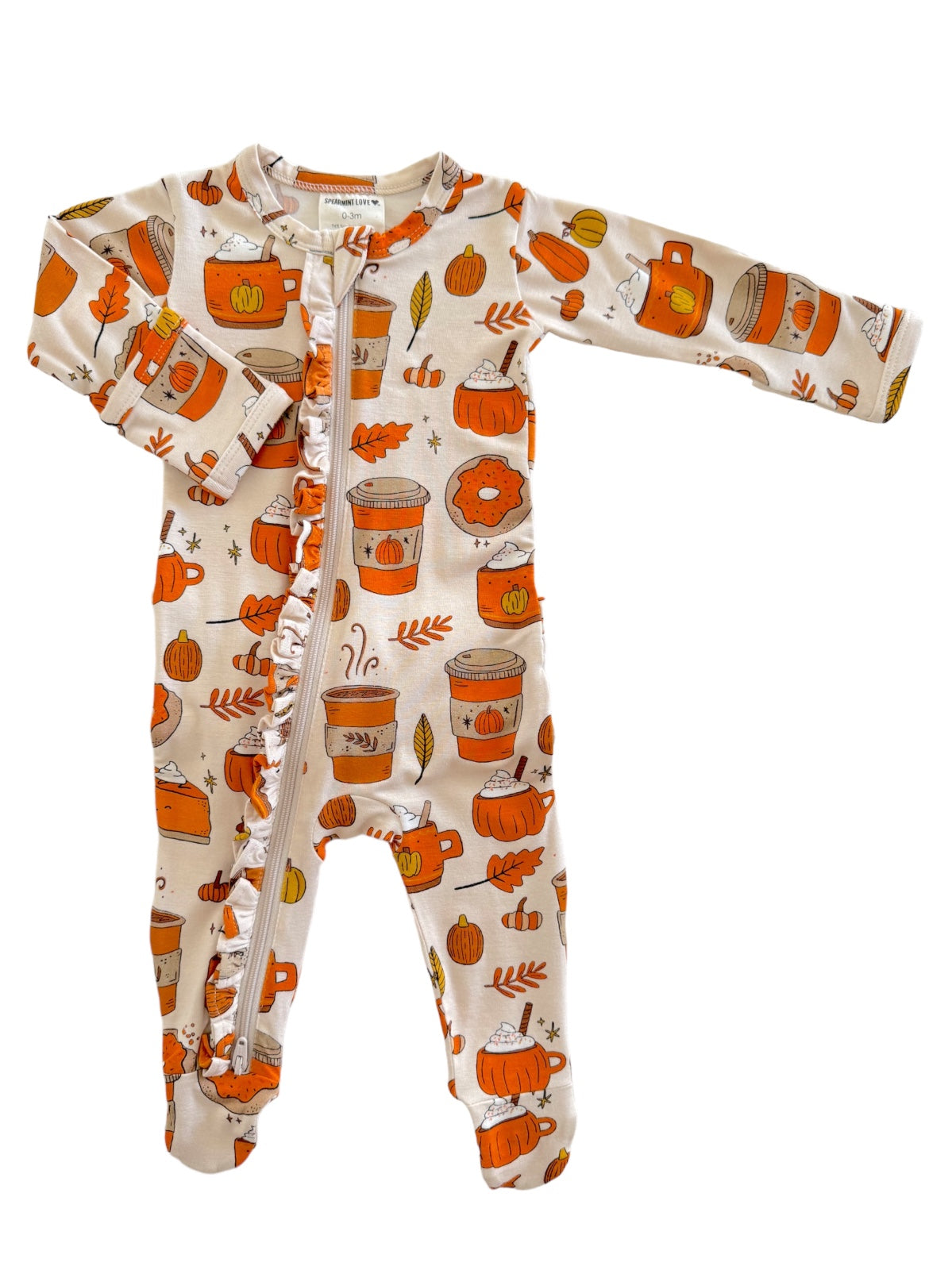 Child's onesie featuring autumn-themed patterns of pumpkins, coffee cups, and fall leaves in warm colors.