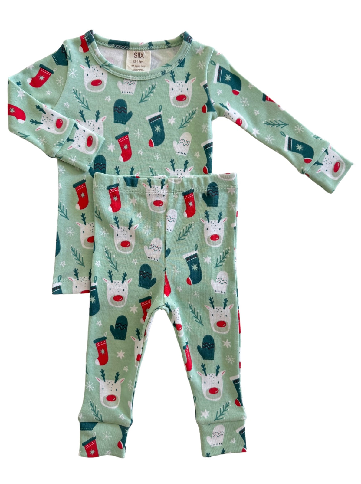 Children's holiday pajamas set featuring reindeer and mittens on a mint green background. Size 12-18 months.