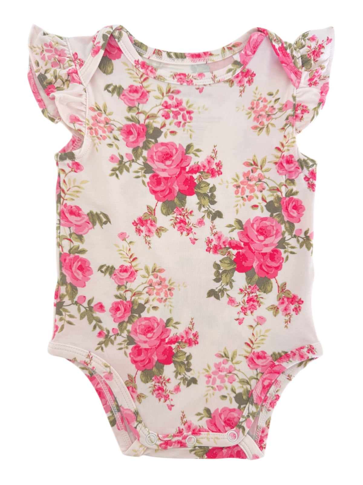 Floral baby onesie with pink roses and green leaves, featuring ruffled sleeves and snap closures at the bottom.