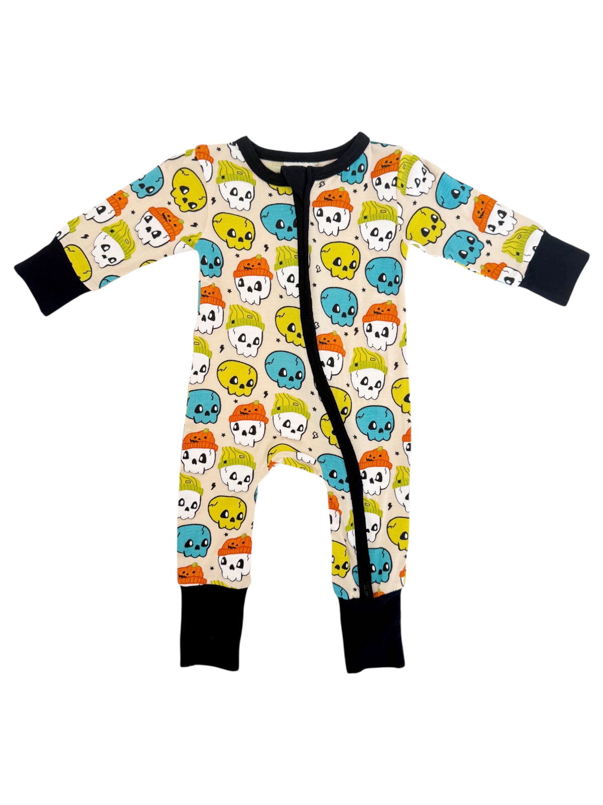 Youth onesie with colorful skull pattern in shades of blue, orange, yellow, and green on a cream background.