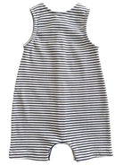 Back view of a striped sleeveless baby romper in navy and white. Soft fabric with snap closure at the bottom.