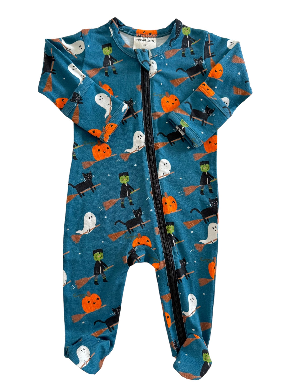 Halloween-themed baby onesie with ghosts, pumpkins, and monsters in vibrant colors. Ideal for festive occasions.
