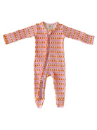 Colorful baby onesie with pumpkin and striped pattern, featuring long sleeves and a front zipper.