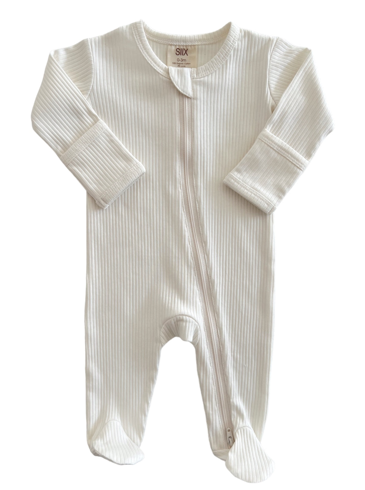 Cream-colored baby onesie with ribbed texture and front zipper. Designed for ages 0-3 months.