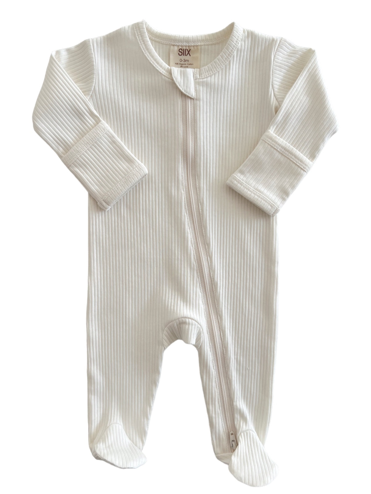 Cream-colored baby onesie with ribbed texture and front zipper. Designed for ages 0-3 months.