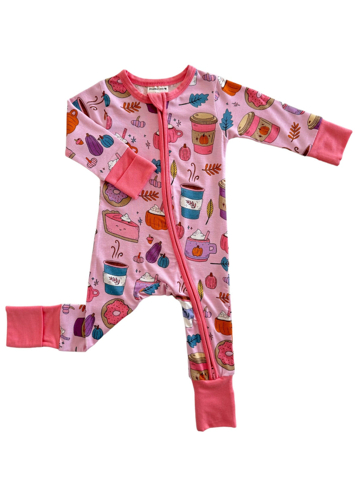 Pink pajama jumpsuit with colorful dessert and drink prints, featuring long sleeves and a front zipper.