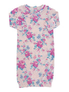 Floral print nightgown with pink roses and blue flowers, featuring long sleeves and a ruffled collar.