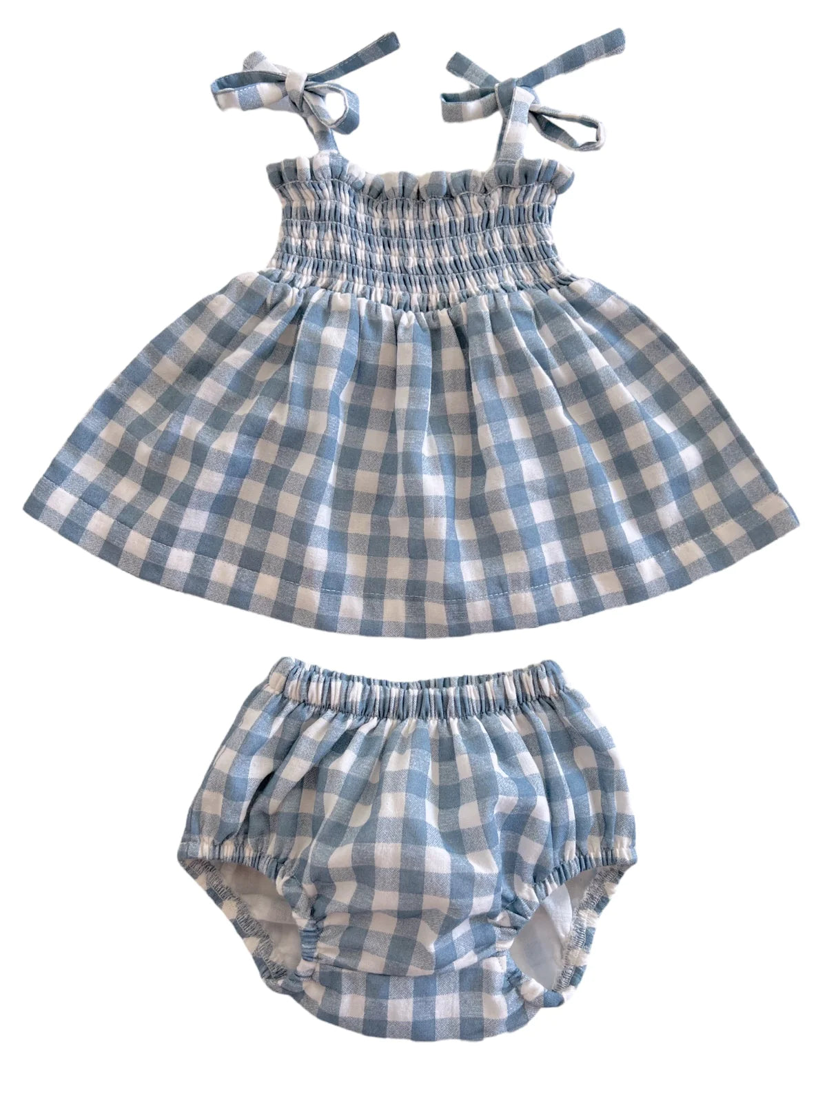 Blue and white gingham dress with matching bloomer shorts, featuring smocked bodice and tie straps.