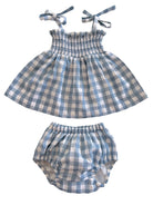 Blue and white gingham dress with matching bloomer shorts, featuring smocked bodice and tie straps.
