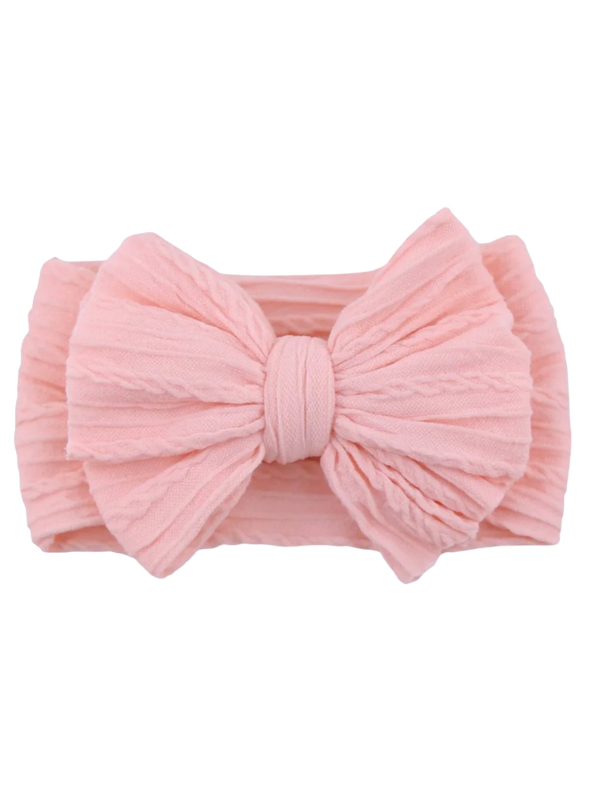 Pink fabric headband with a large bow and textured pleats. Perfect accessory for infants and toddlers.