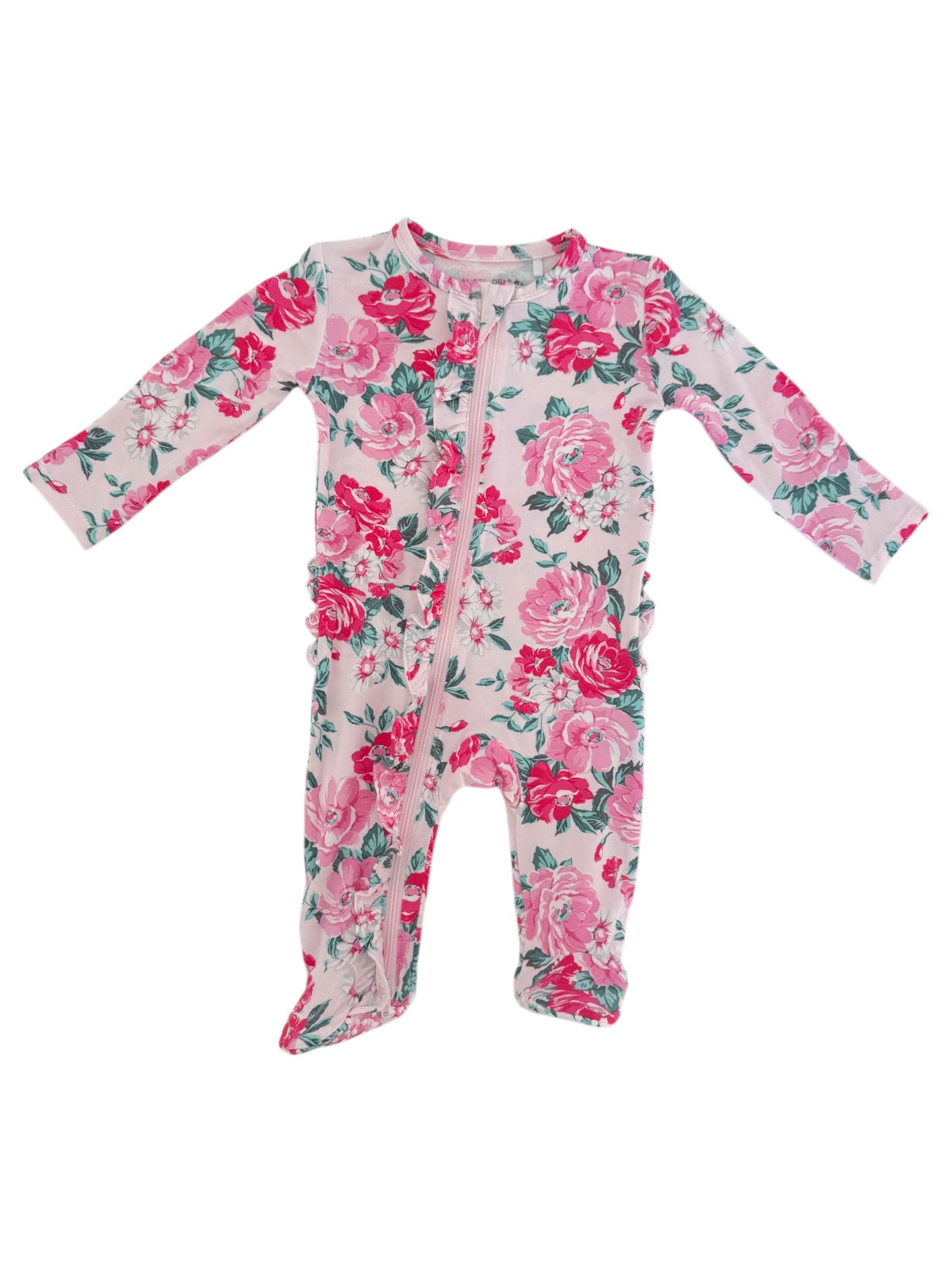 Floral baby onesie in pink and green, featuring long sleeves and a front zipper.