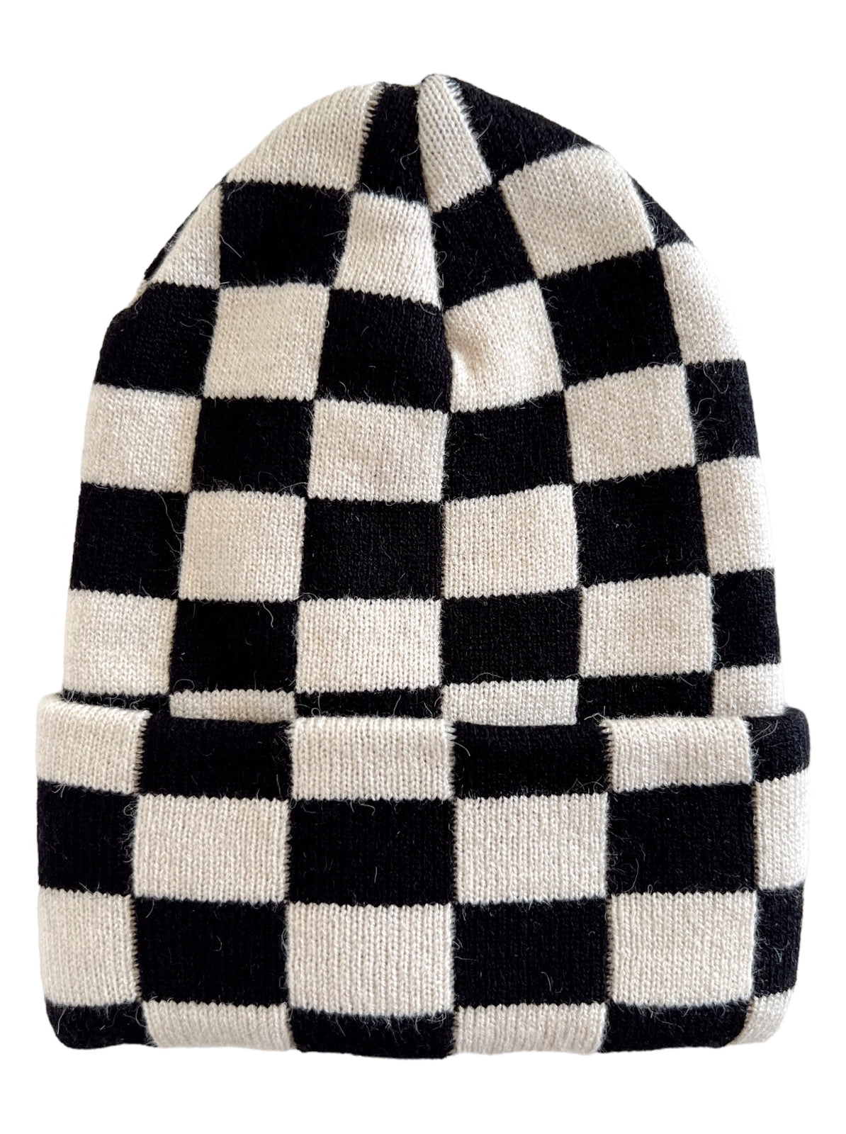 Black and white checkered beanie hat on a white background.