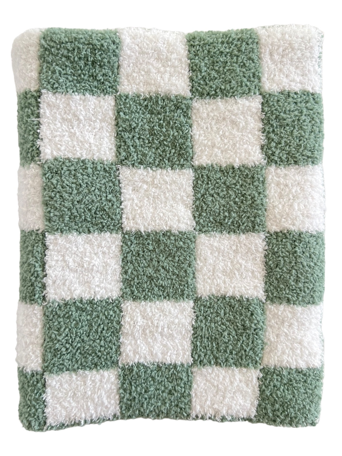 Green and white checkerboard pattern bath mat with soft, fluffy texture.