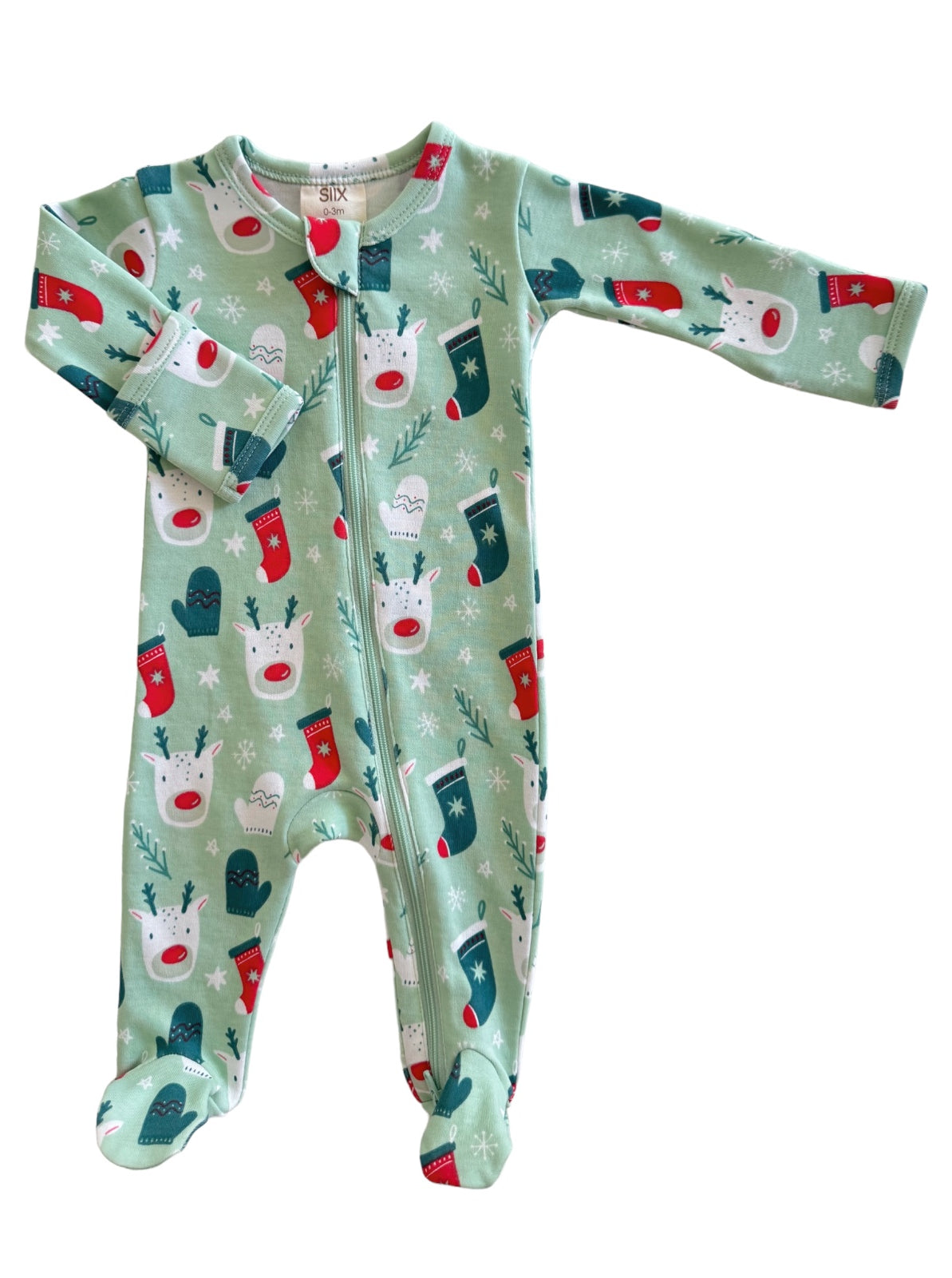 Green baby onesie with reindeer and holiday stocking patterns, featuring a front zipper and footed design.