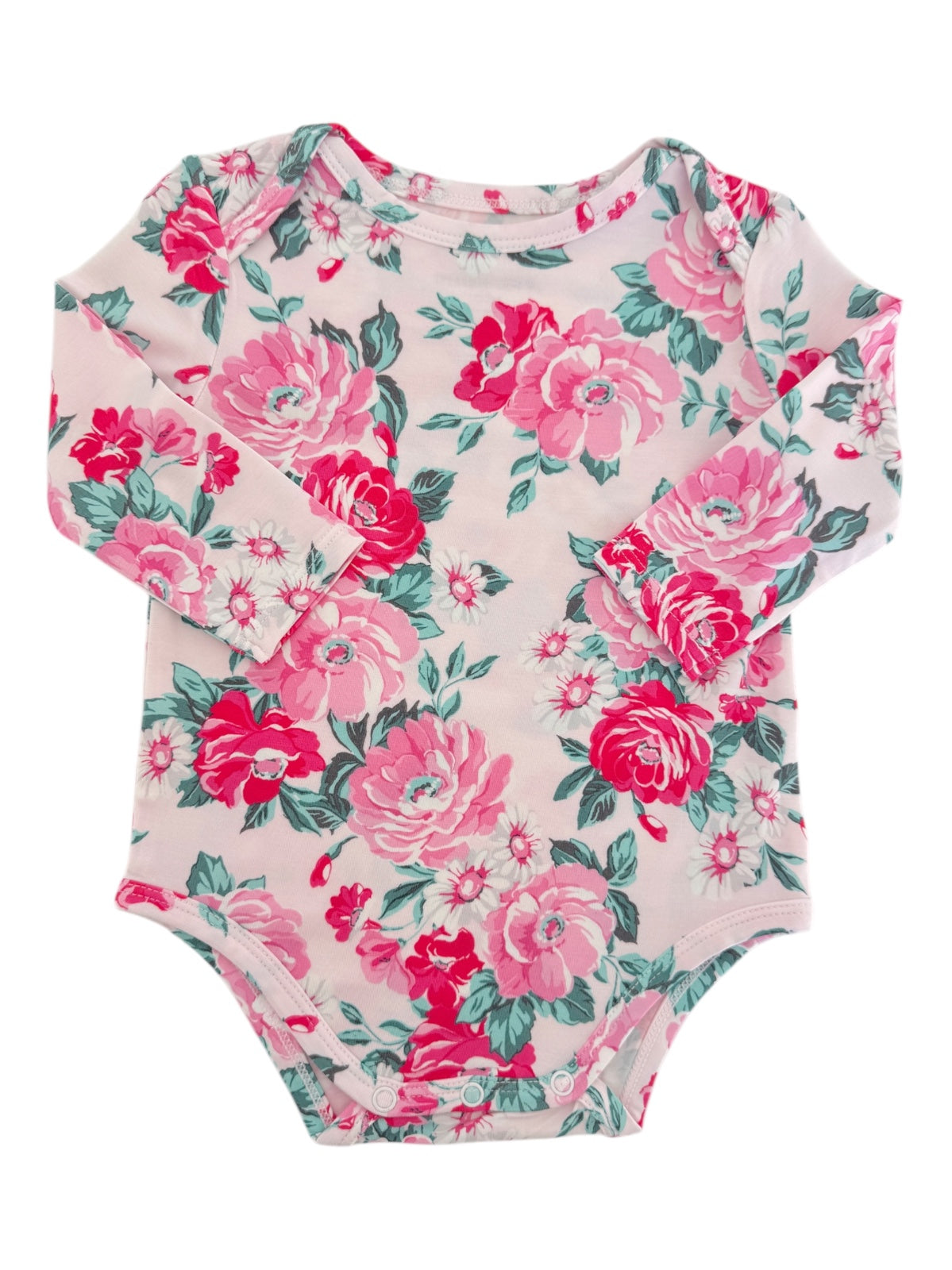 Floral baby bodysuit with long sleeves, featuring pink roses and green leaves on a light background.