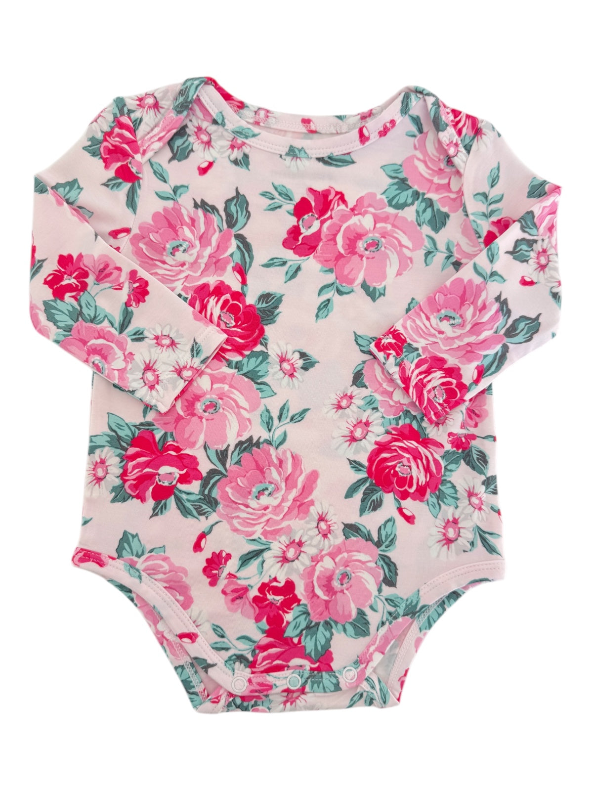 Floral baby bodysuit with long sleeves, featuring pink roses and green leaves on a light background.
