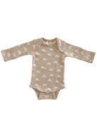 Tan long-sleeve onesie with white rainbow patterns, suitable for infants and toddlers.