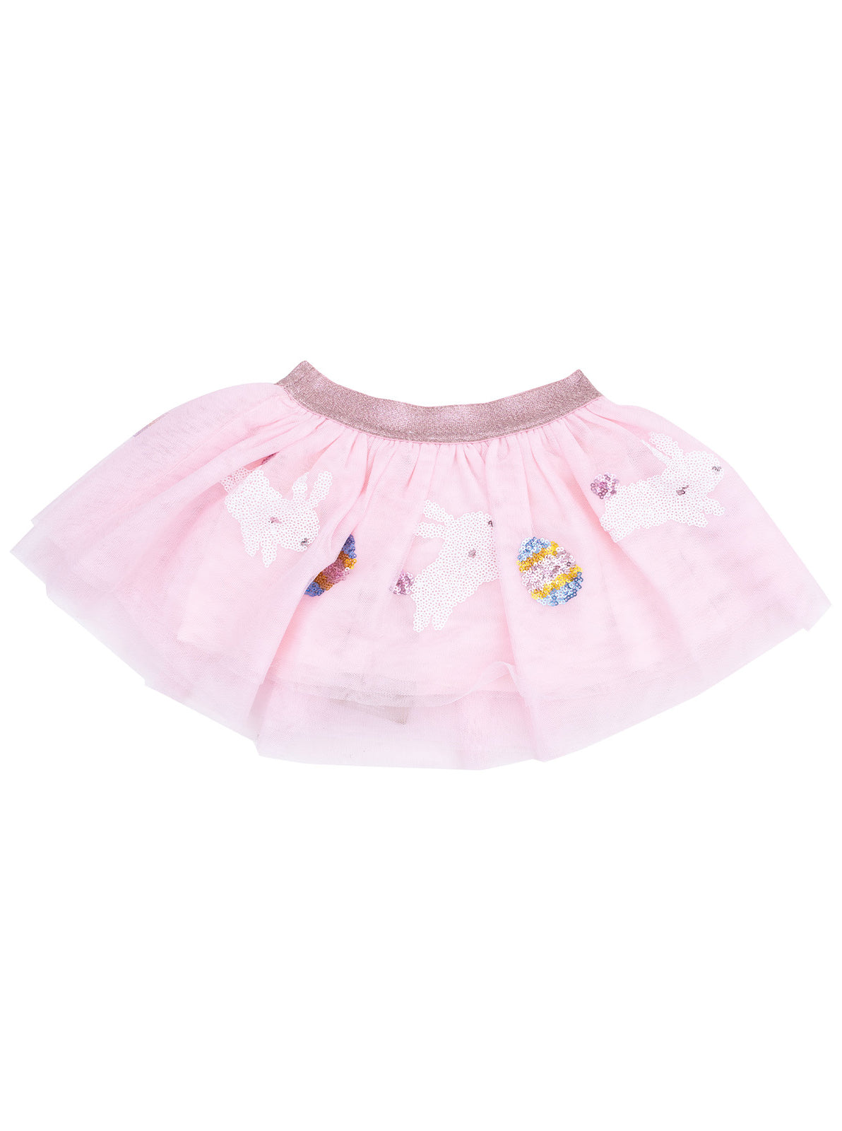 Pink tulle skirt with a shiny waistband and decorated with bunny and egg motifs. Perfect for festive occasions.