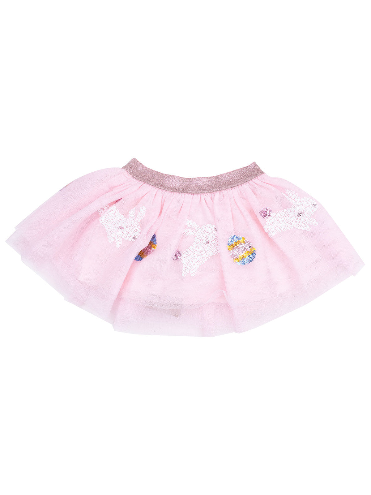 Pink tulle skirt with a shiny waistband and decorated with bunny and egg motifs. Perfect for festive occasions.