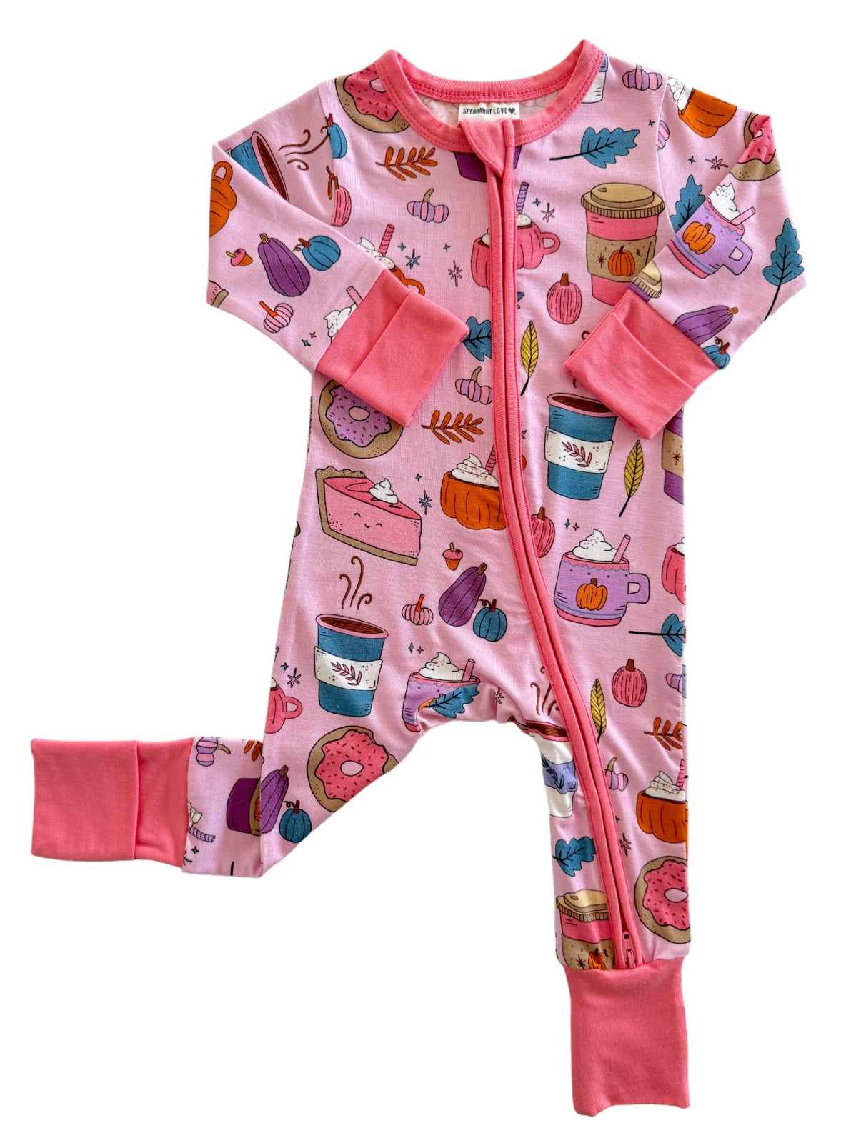 Pink children's onesie with colorful food and drink illustrations, featuring a full zipper and long sleeves.