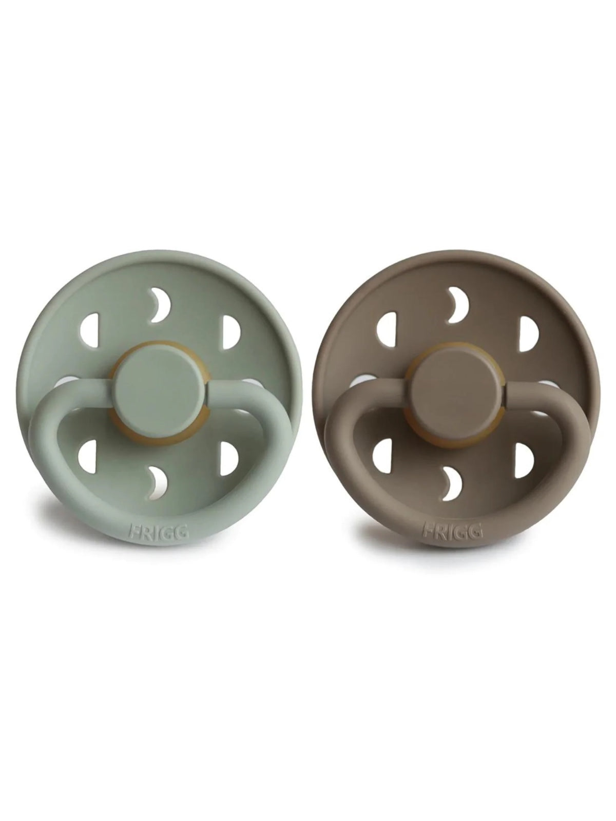 Two silicone pacifiers in soft green and brown colors, designed for infants.