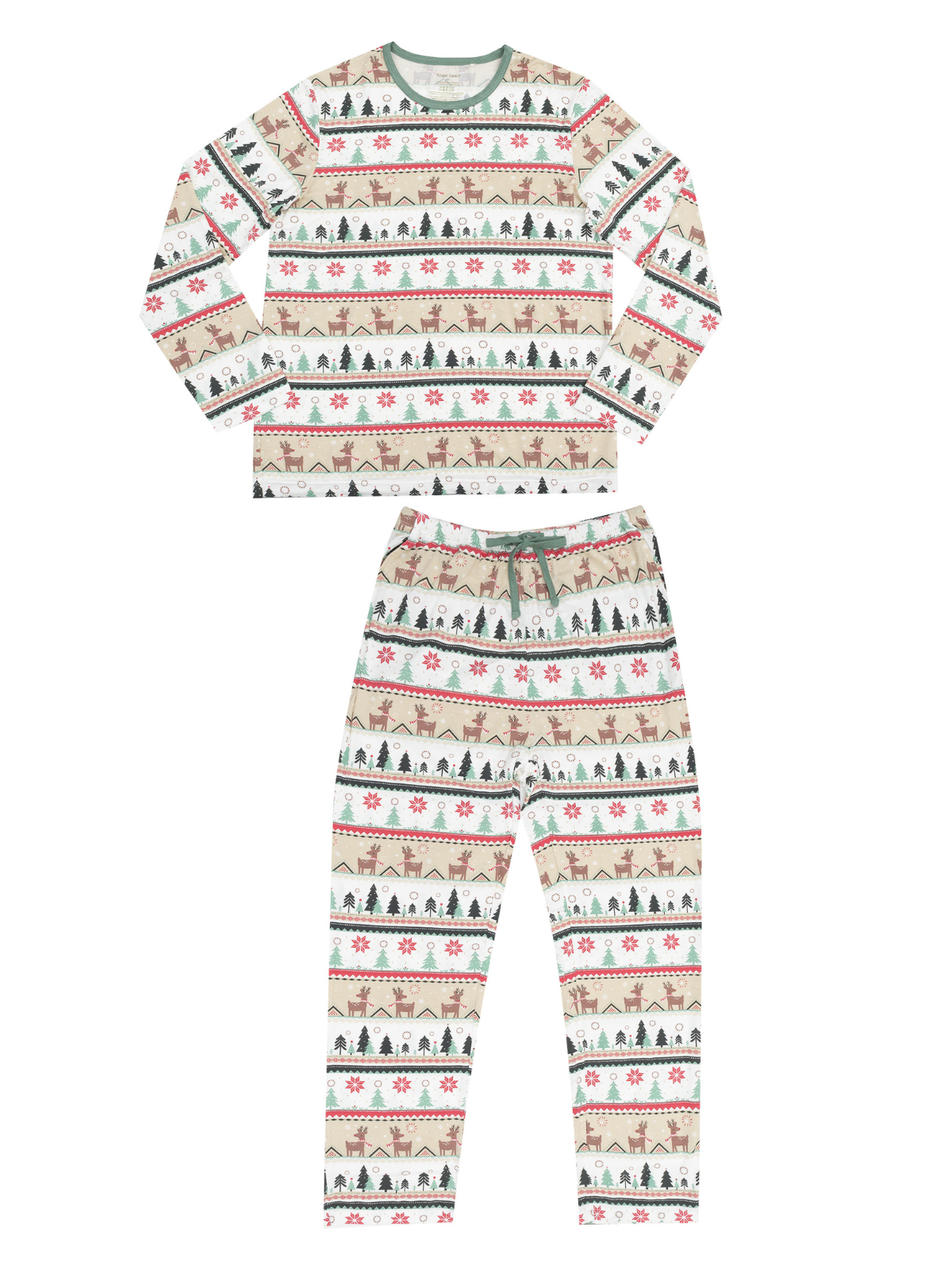 Festive children's pajamas in a pattern of deer, trees, and snowflakes on a light background.