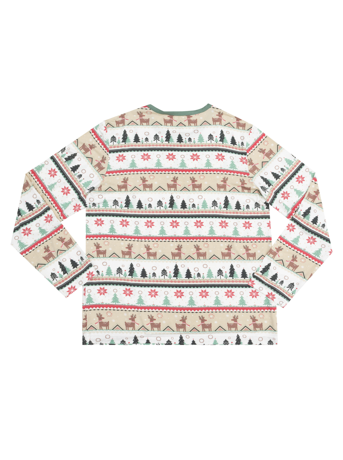 Long-sleeve shirt with festive holiday patterns, including reindeer, trees, and flowers in earthy tones.
