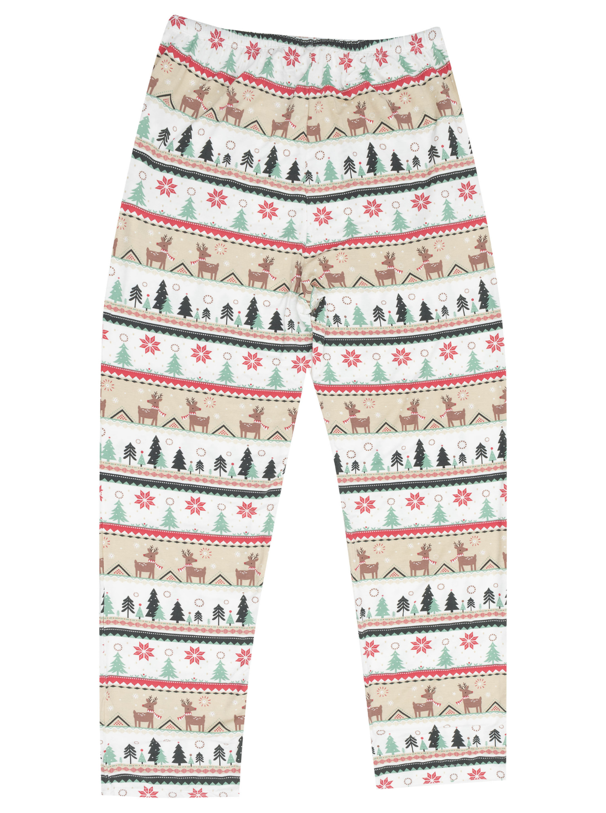 Patterned leggings featuring festive designs of trees, reindeer, and snowflakes in seasonal colors.