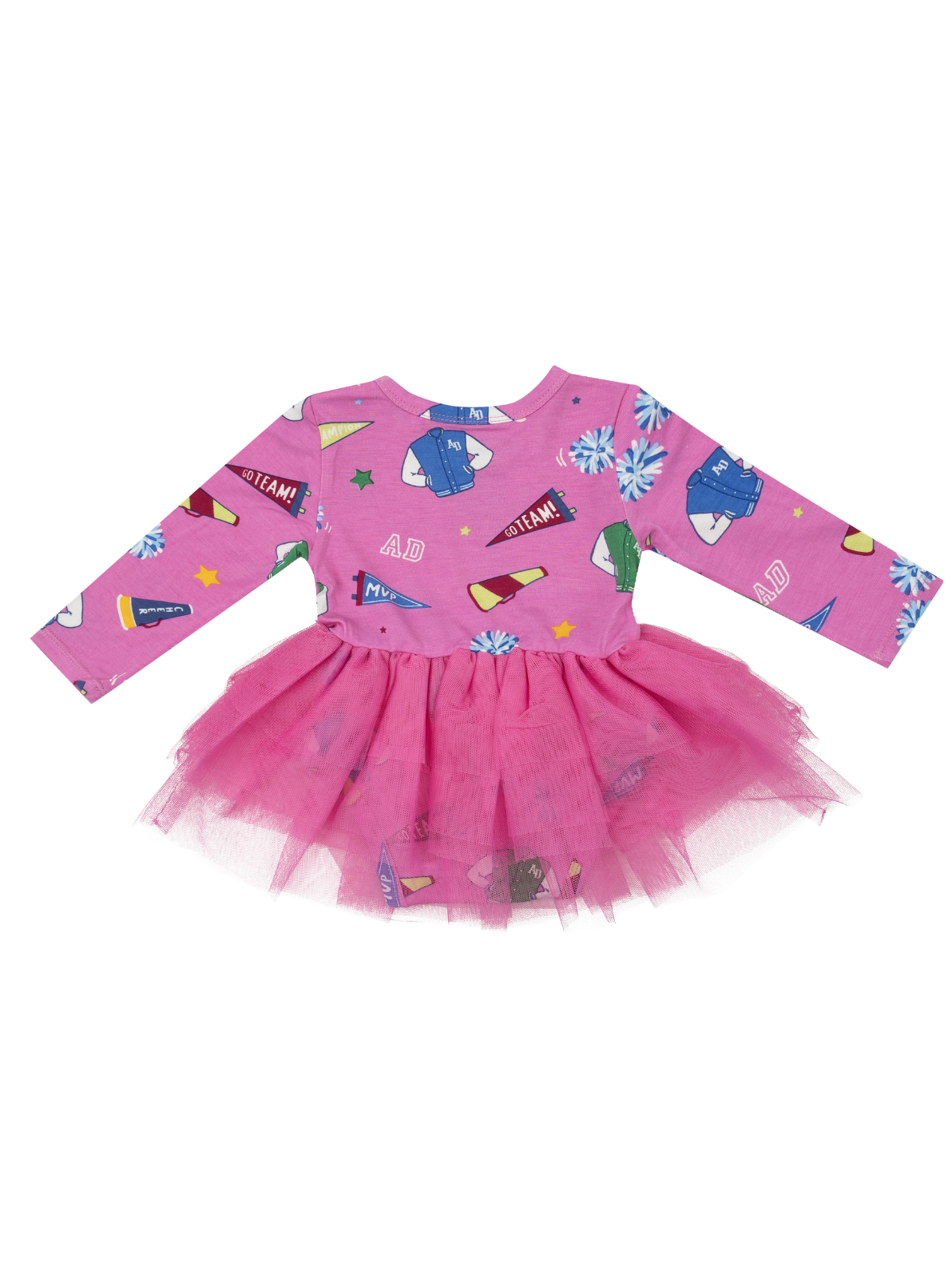 Pink long-sleeve dress with colorful patterns and a tulle skirt, ideal for children’s casual or festive occasions.