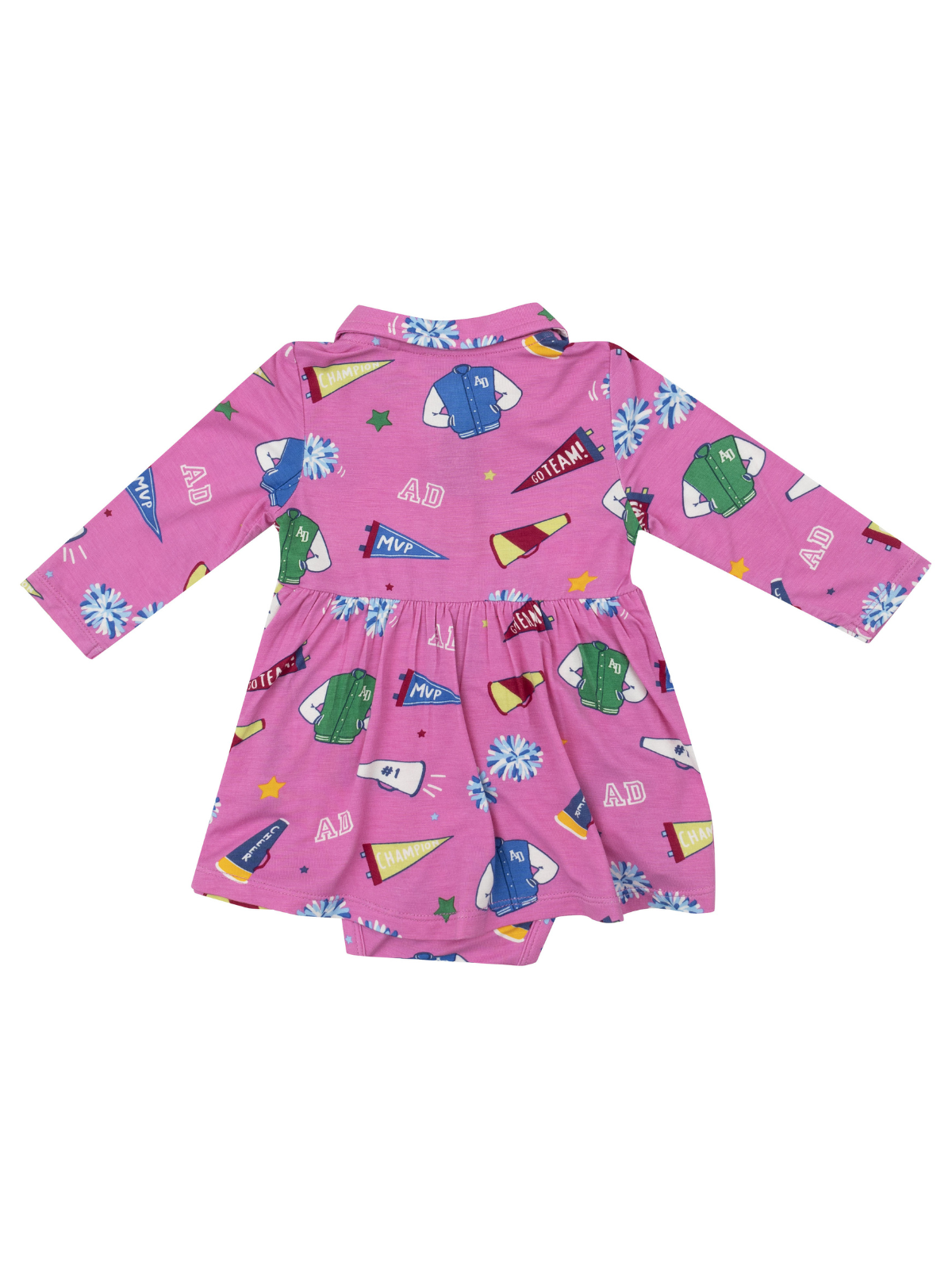 Pink dress with long sleeves, featuring playful sports-themed prints and a flared skirt design.