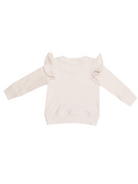 Light beige long sleeve sweater with ruffle details on shoulders. Plain back view.