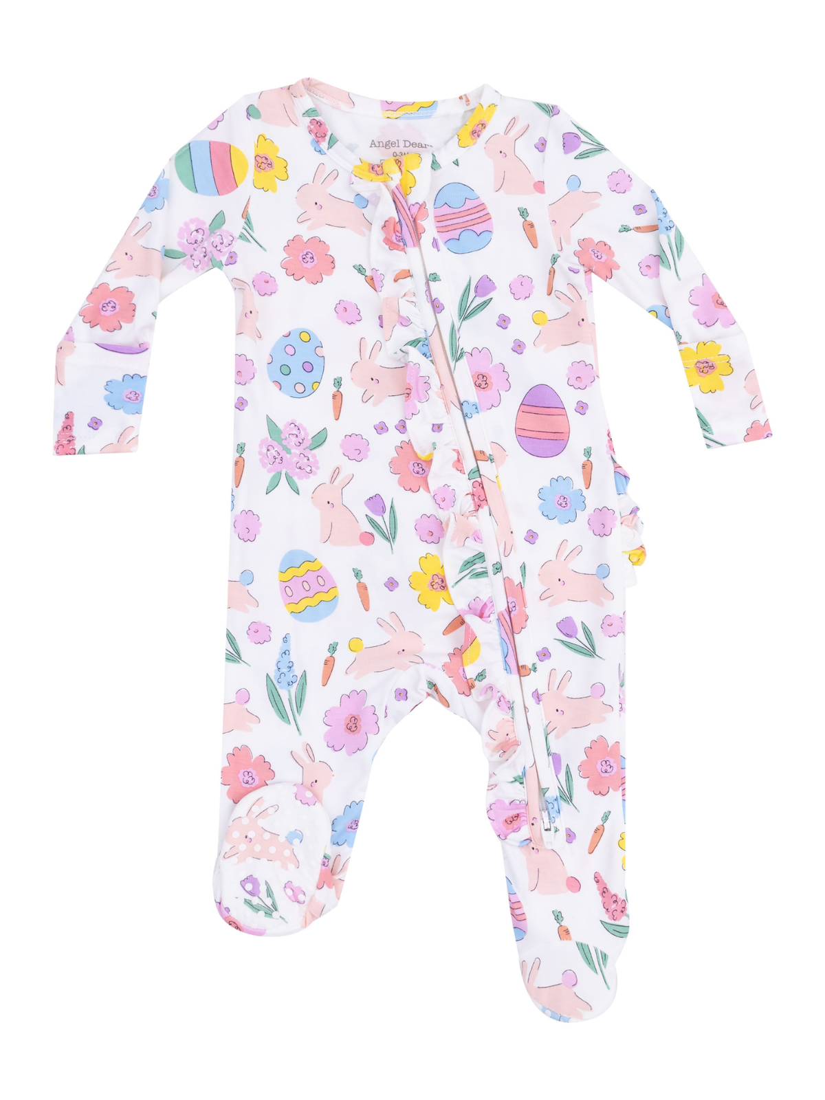 Baby pajama onesie featuring colorful bunnies, flowers, and Easter eggs on a white background.