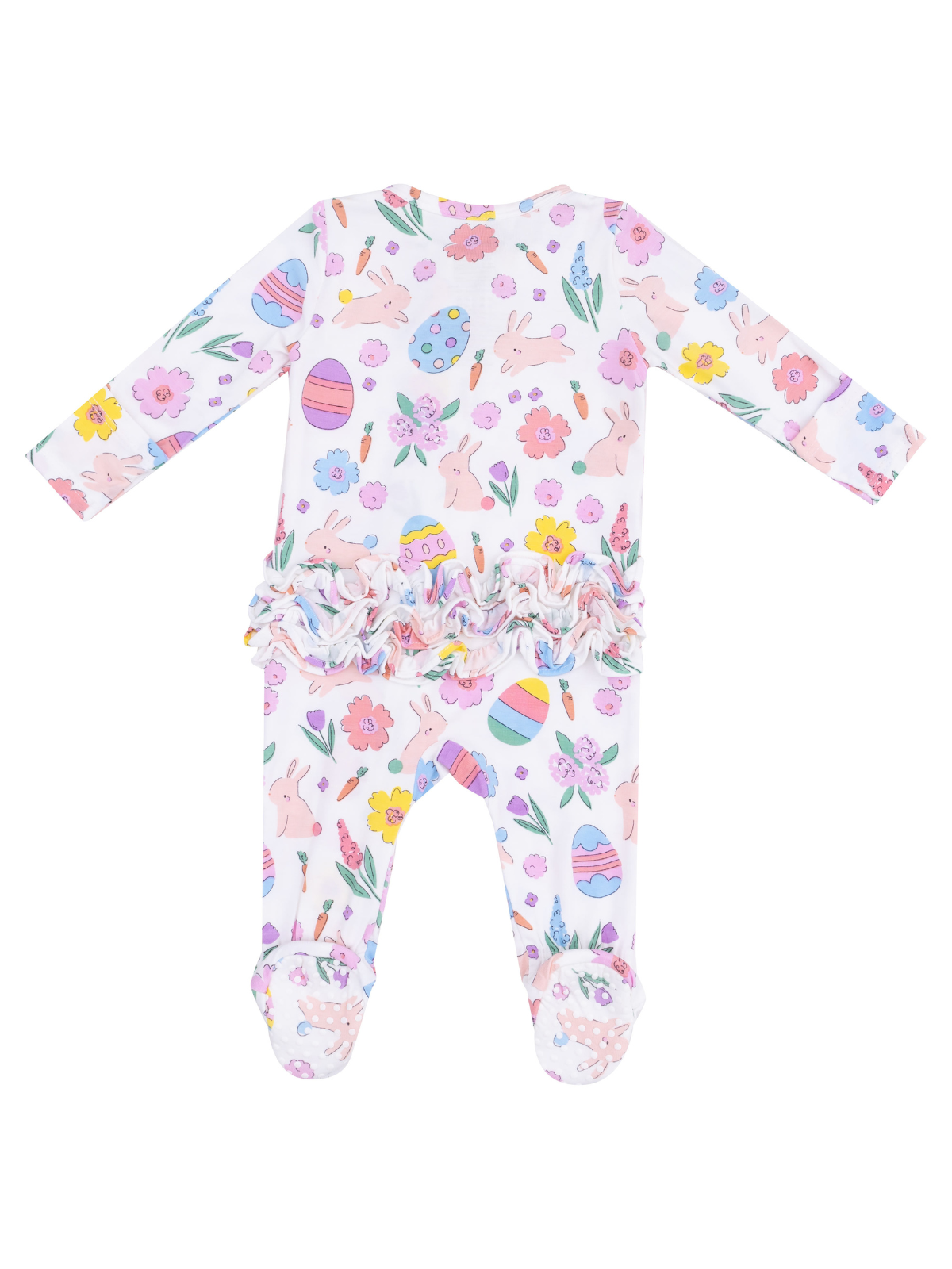 Baby onesie with colorful bunny and floral patterns, ruffled hem detailing. Suitable for spring or Easter occasions.
