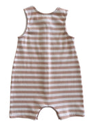 Back view of a striped infant romper in peach and white colors. Soft fabric with sleeveless design.
