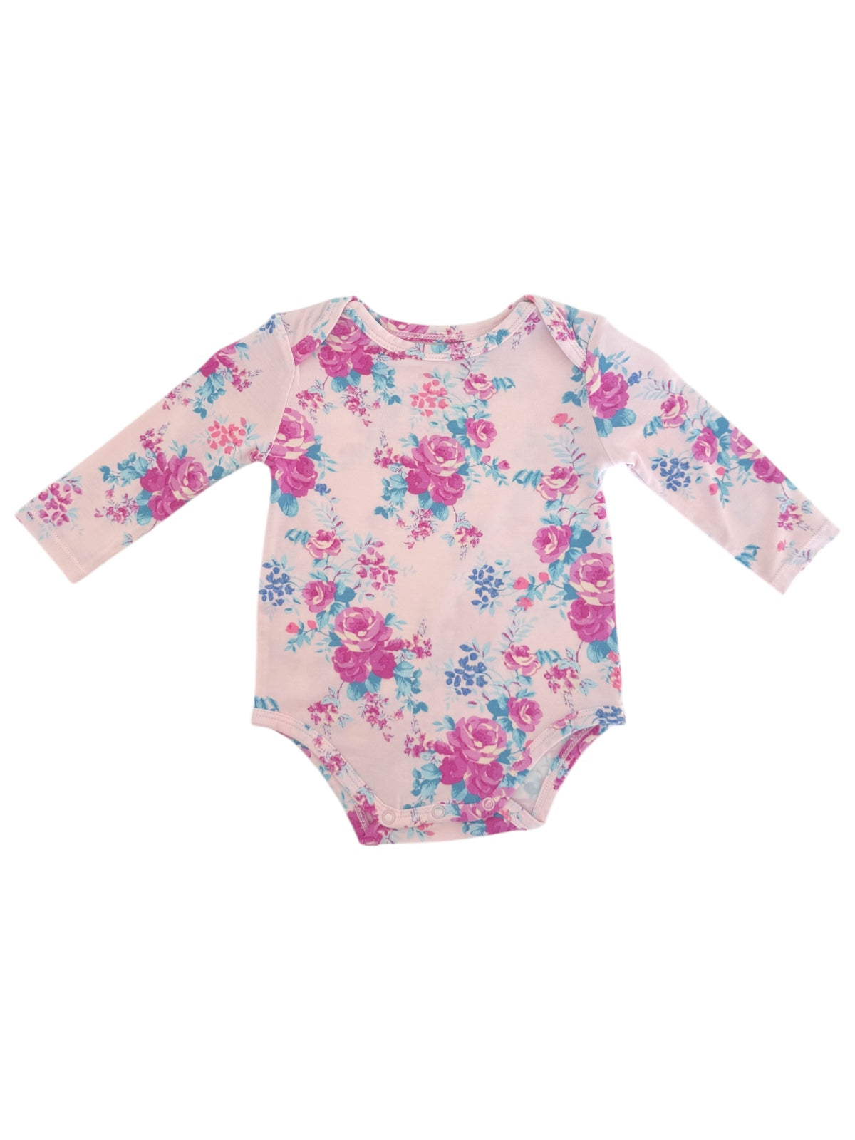 Floral long-sleeve baby onesie in pink with purple and blue flowers, featuring snap closures at the bottom.