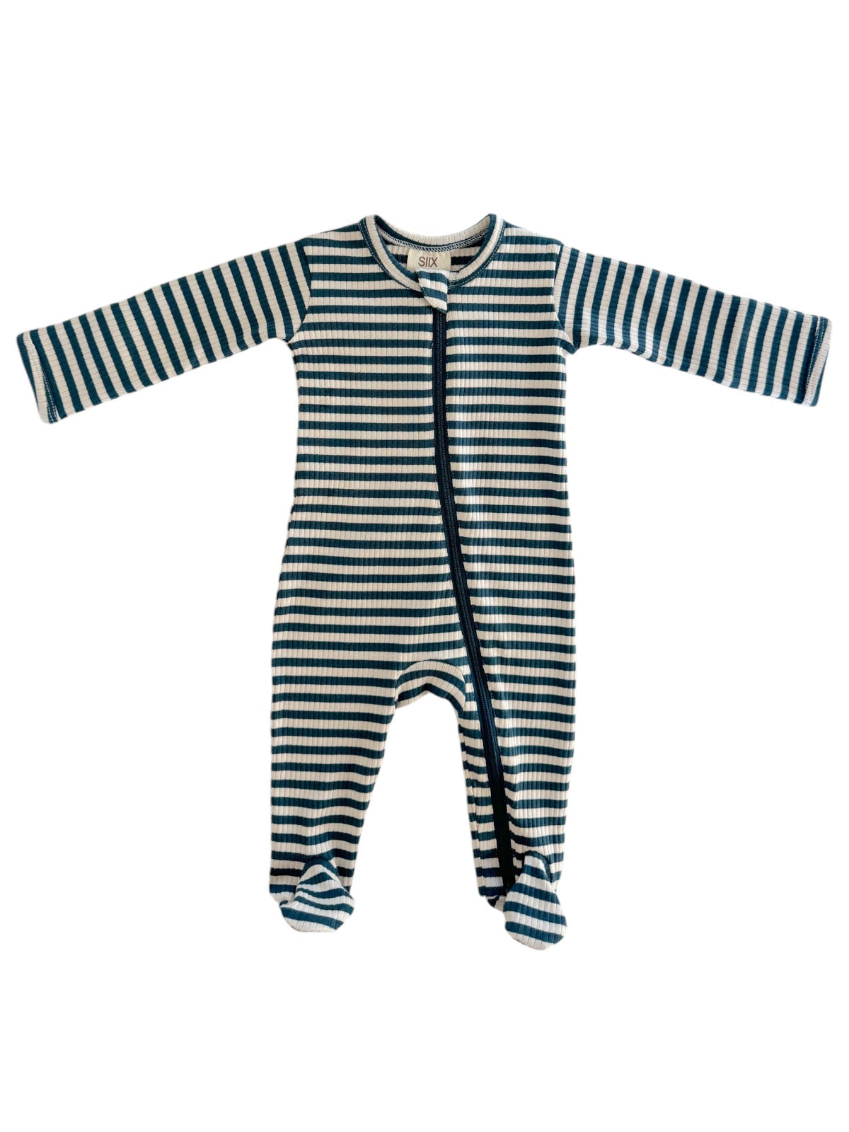 Striped baby onesie in navy and light blue, featuring long sleeves and footed design.