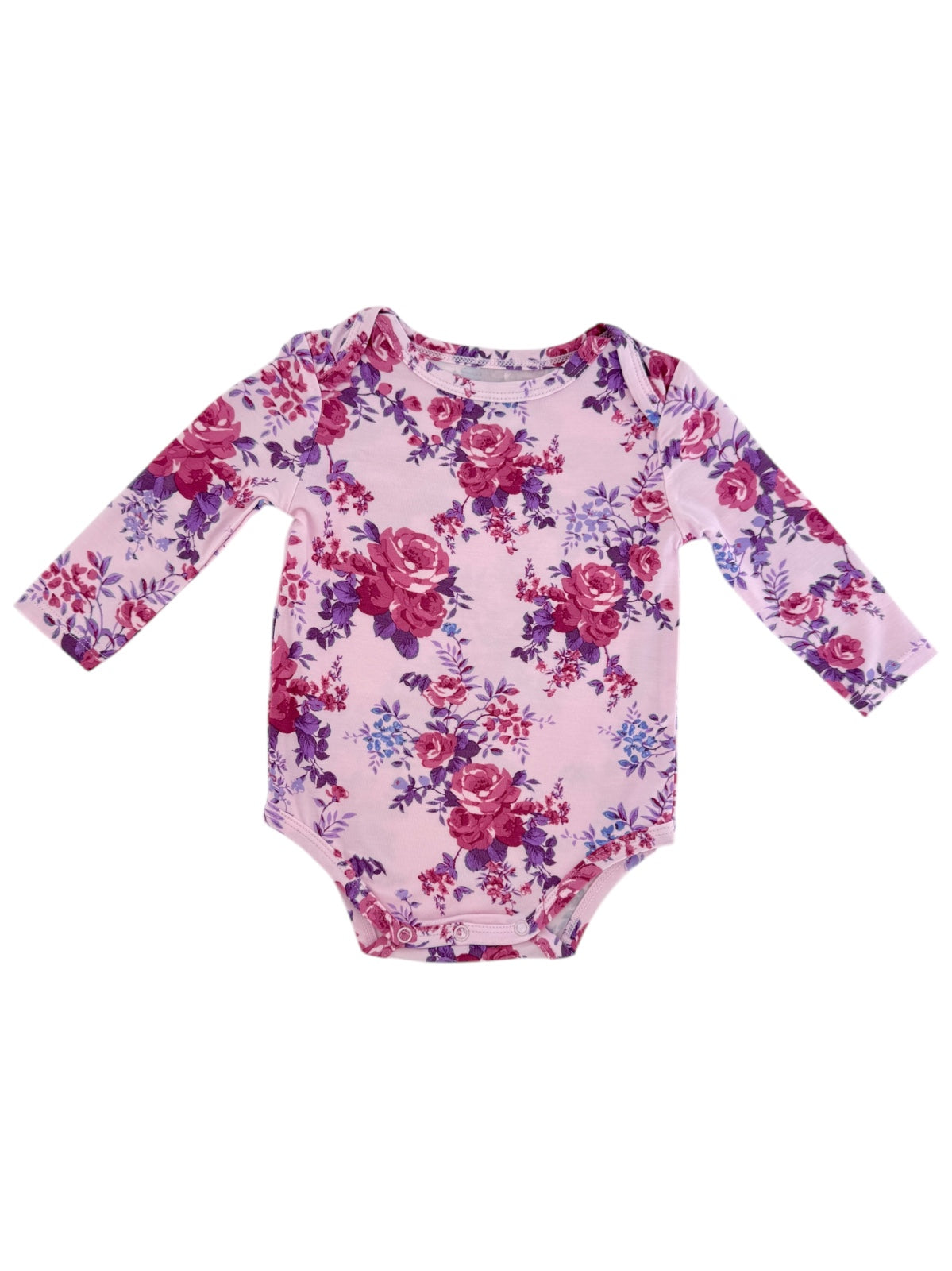 Floral long-sleeve onesie in pink, featuring purple and red roses, designed for infants.