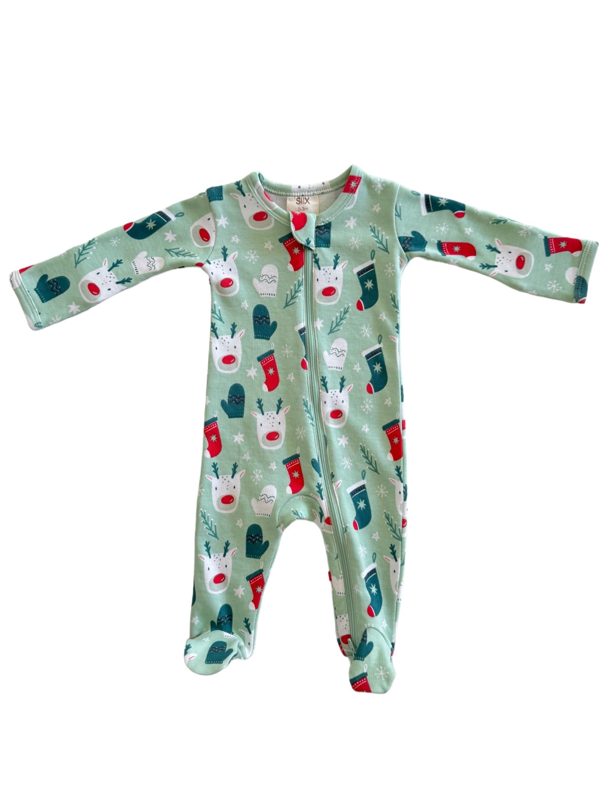 Green baby onesie featuring festive reindeer and holiday stockings pattern. Long sleeves and front zipper closure.