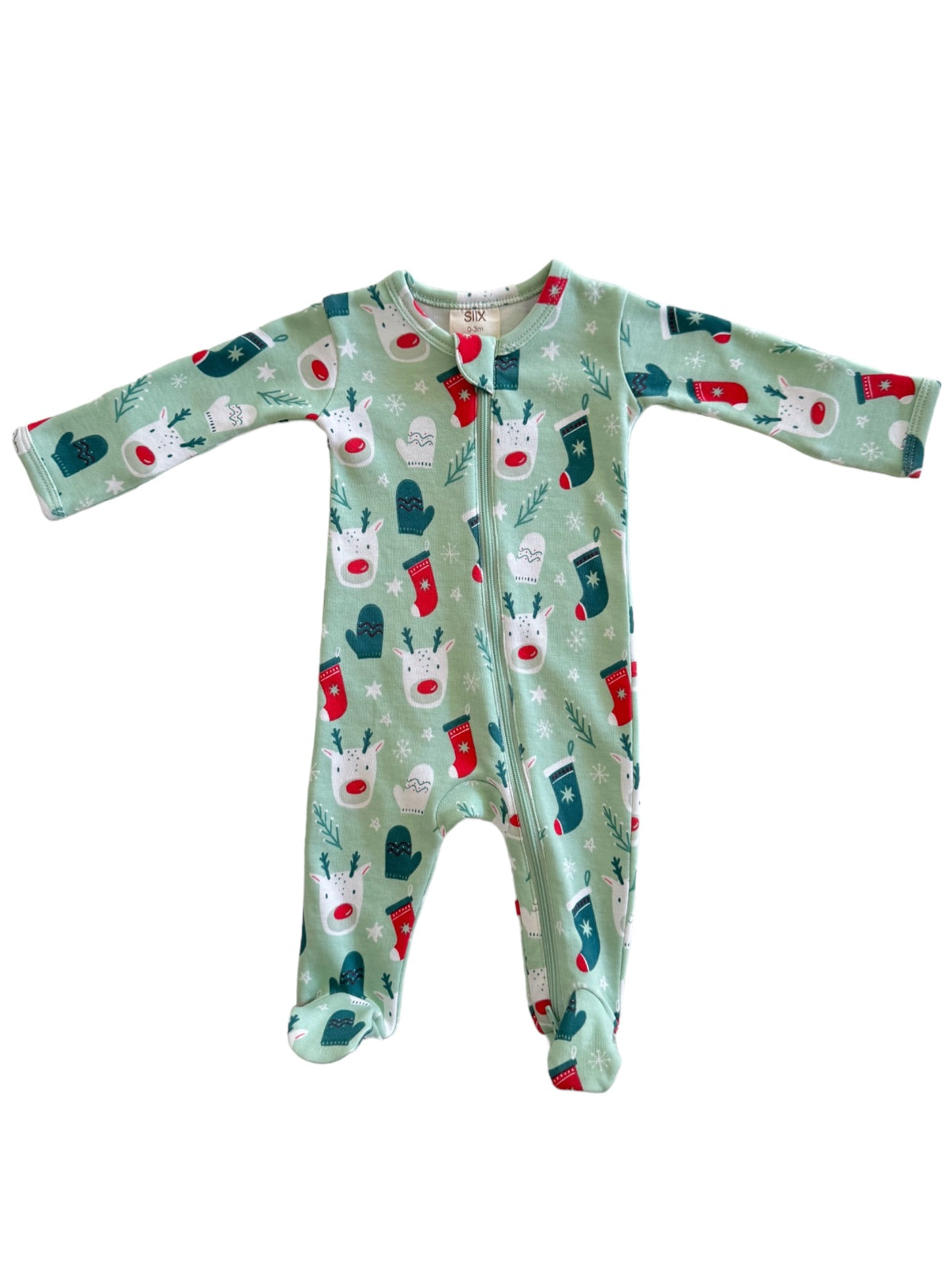 Green baby onesie featuring festive reindeer and holiday stockings pattern. Long sleeves and front zipper closure.