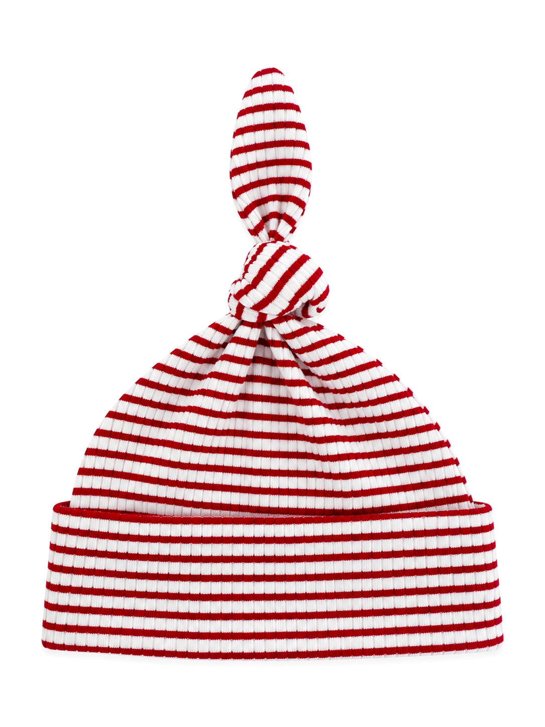 Red and white striped baby hat with a knotted top, perfect for stylish winter wear.