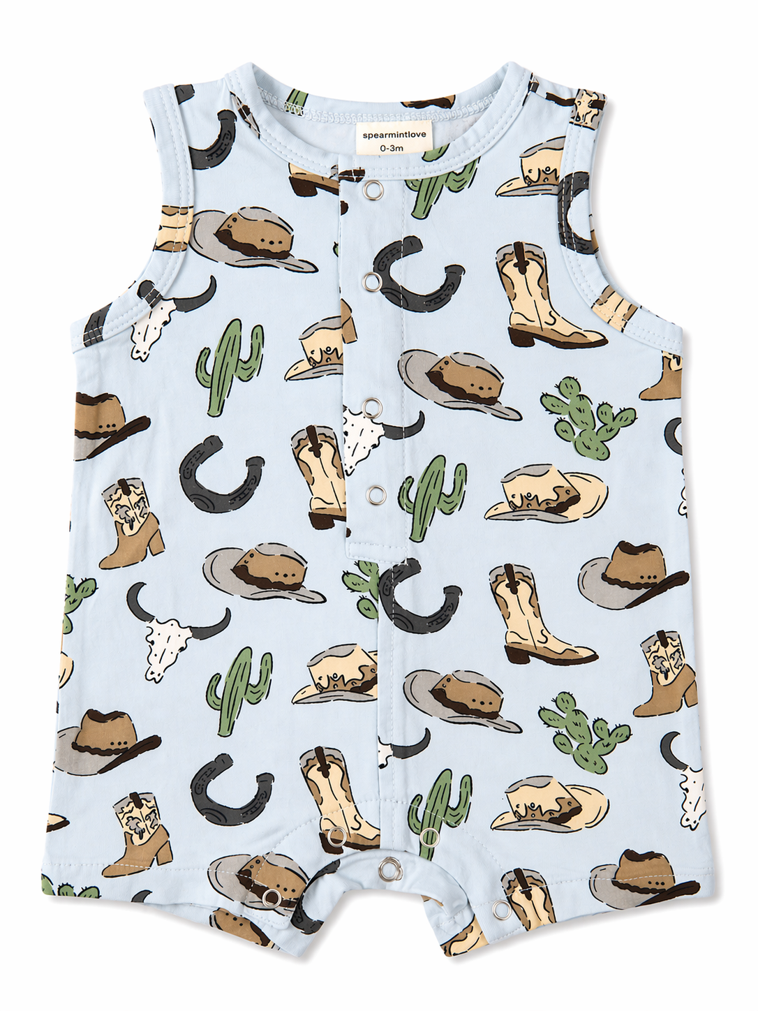 Light blue baby romper with cowboy-themed prints, including boots, hats, cacti, and stars. Perfect for infants.