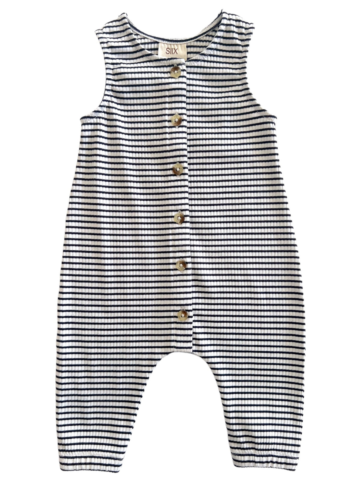 Baby romper with navy and white stripes, featuring buttons down the front and a relaxed fit. Perfect for warm weather.