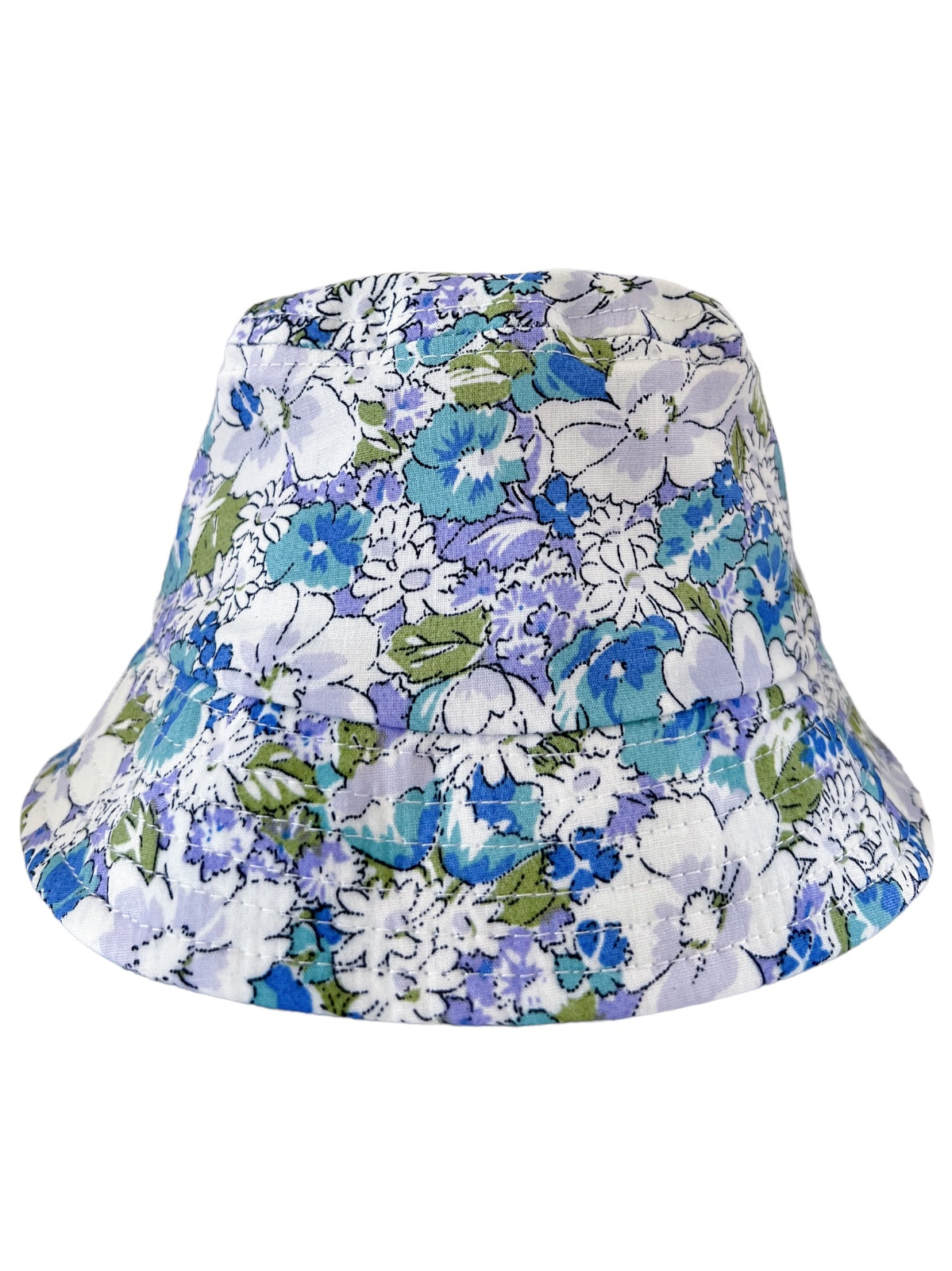 Floral-patterned bucket hat featuring blue, green, and white flowers on a light background.