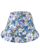 Floral-patterned bucket hat featuring blue, green, and white flowers on a light background.