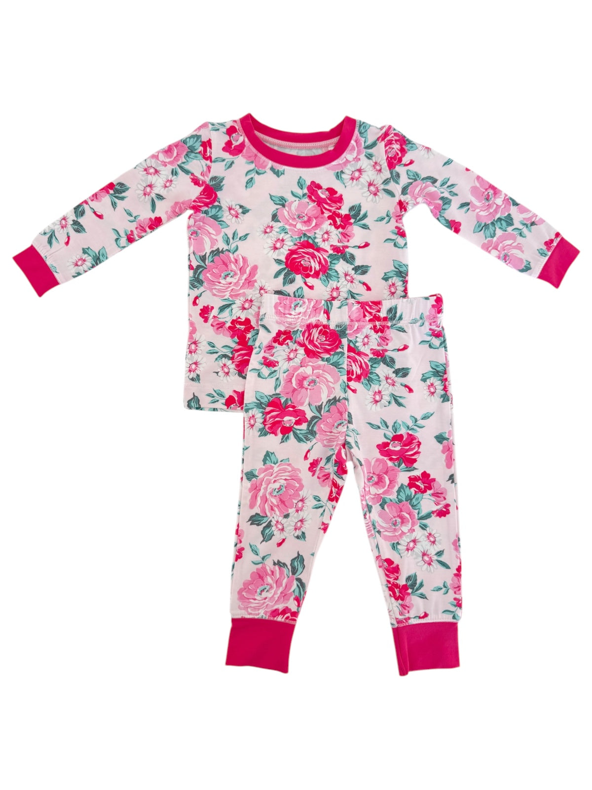 Floral children's pajama set featuring long sleeves and elastic waistband pants in pink and white.