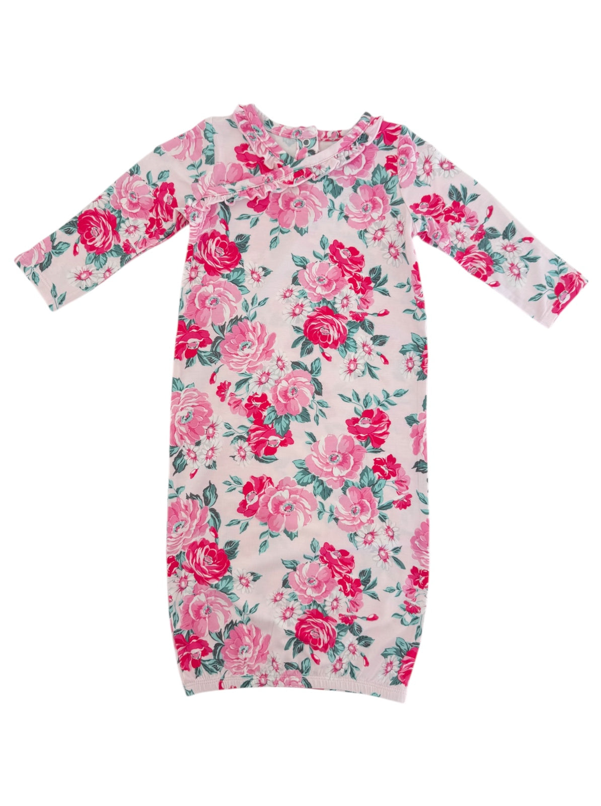 Floral baby gown with pink roses on a light background, featuring long sleeves and a gathered neckline.