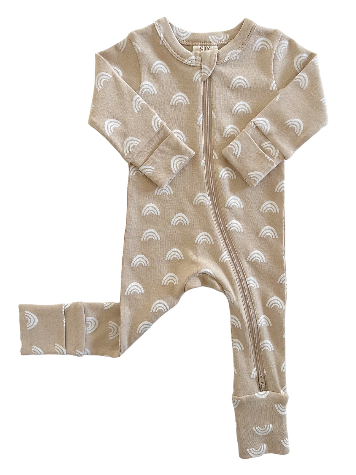 Beige baby onesie with white rainbow prints and a front zipper, designed for comfort and style.